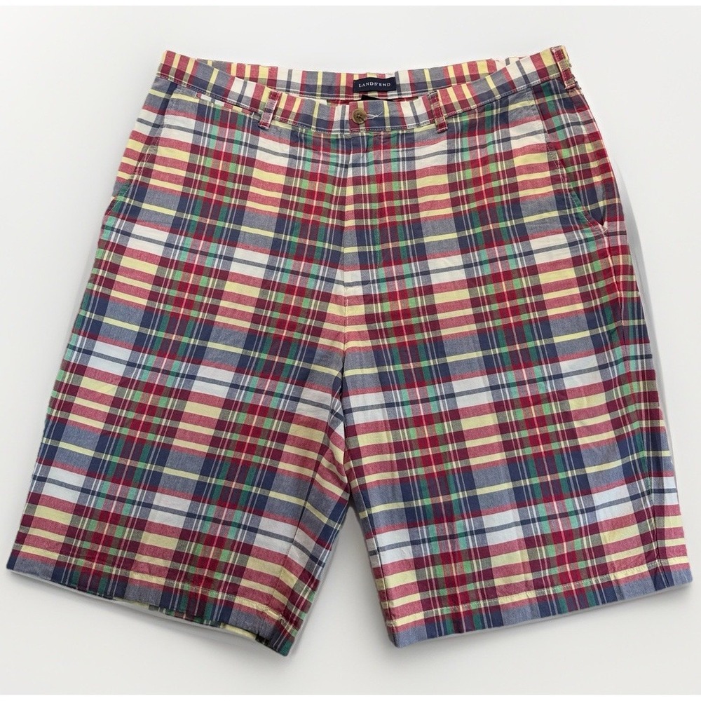 Lands End Traditional Fit Navy Red Plaid Shorts Size 38 Preppy Ivy League Golf‎
